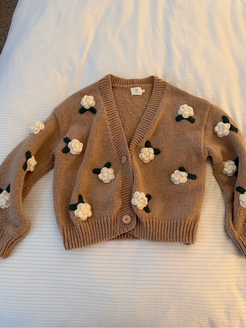 Beige Floral-Appliqué V-Neck Cardigan Sweater